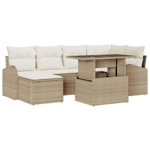 vidaXL Conjunto de sof&aacute; de jard&iacute;n 7 pcs Beige Polirat&aacute;n