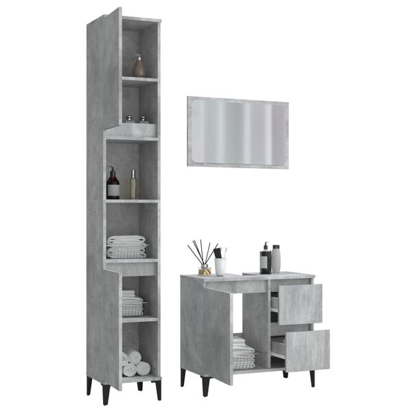 vidaXL Set muebles de ba&ntilde;o 3 piezas madera contrachapada gris hormig&oacute;n