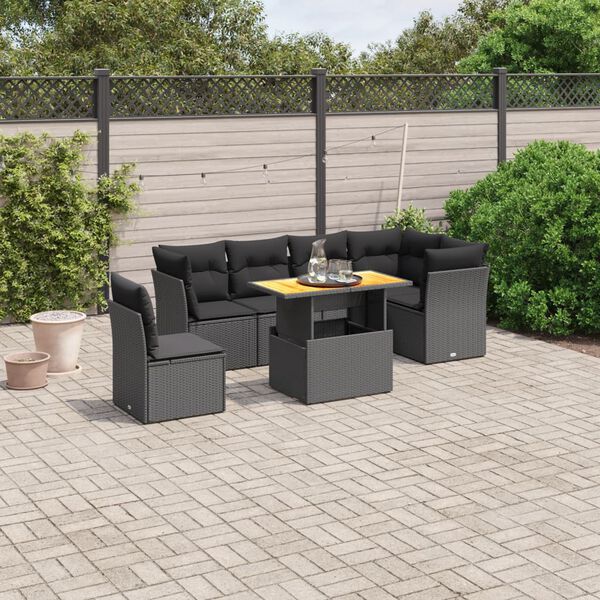 vidaXL Set de comedor de jard&iacute;n 7 pzas y cojines rat&aacute;n sint&eacute;tico negro