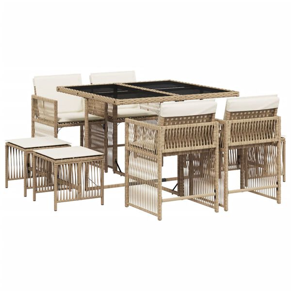 vidaXL Set comedor de jard&iacute;n 9 pzas con cojines rat&aacute;n sint&eacute;tico beige