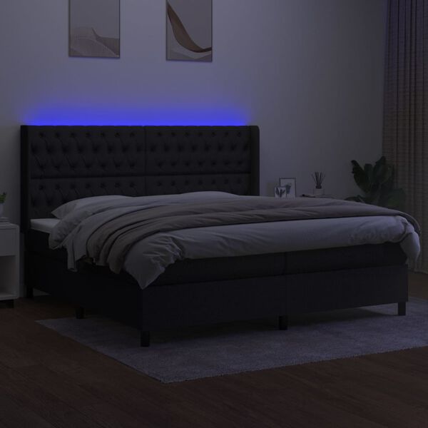 vidaXL Cama box spring colch&oacute;n y luces LED tela negro 200x200 cm
