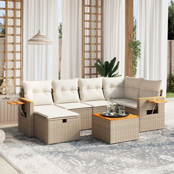 vidaXL Set sof&aacute;s de jard&iacute;n 7 piezas y cojines rat&aacute;n sint&eacute;tico beige