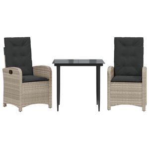 vidaXL Set comedor de jard&iacute;n 3 pzas cojines rat&aacute;n sint&eacute;tico gris claro