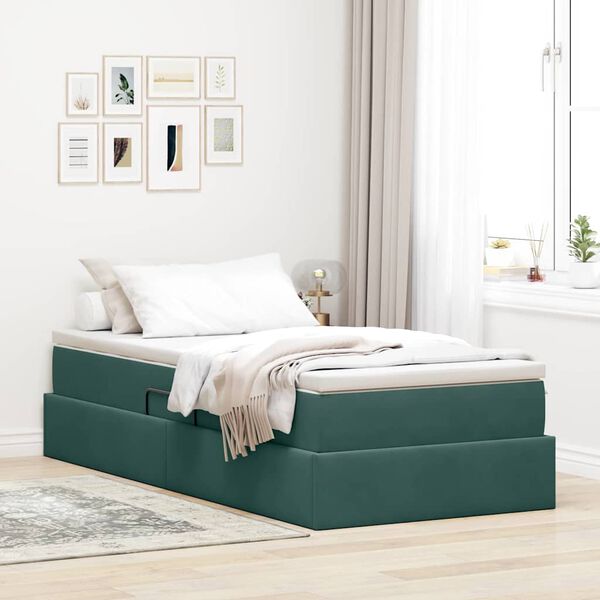 vidaXL Cama con almacenamiento y colch&oacute;n Verde oscuro 90 x 200 cm