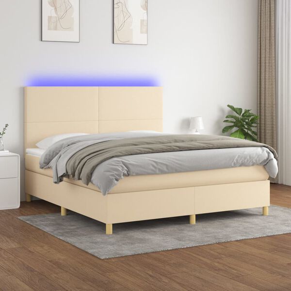 vidaXL Cama box spring colch&oacute;n y luces LED tela crema 180x200 cm