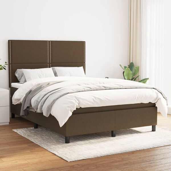 vidaXL Cama box spring con colch&oacute;n tela marr&oacute;n oscuro 140x190 cm