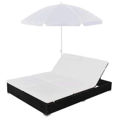 vidaXL Tumbona cama con sombrilla ratán sintético negra
