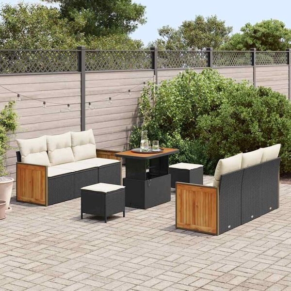 vidaXL Conjunto de sofás de jardín con cojín 9 pcs Negro y crema