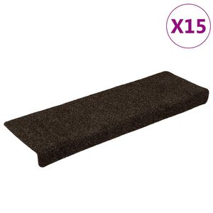 vidaXL Felpudos autoadhesivos para escaleras, 15 unidades, 65 x 21 x 4 cm, marr&oacute;n oscuro, borde rectangular