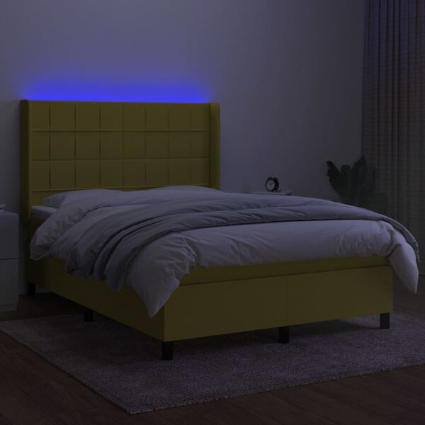 vidaXL Cama box spring colch&oacute;n y luces LED tela verde 140x190 cm