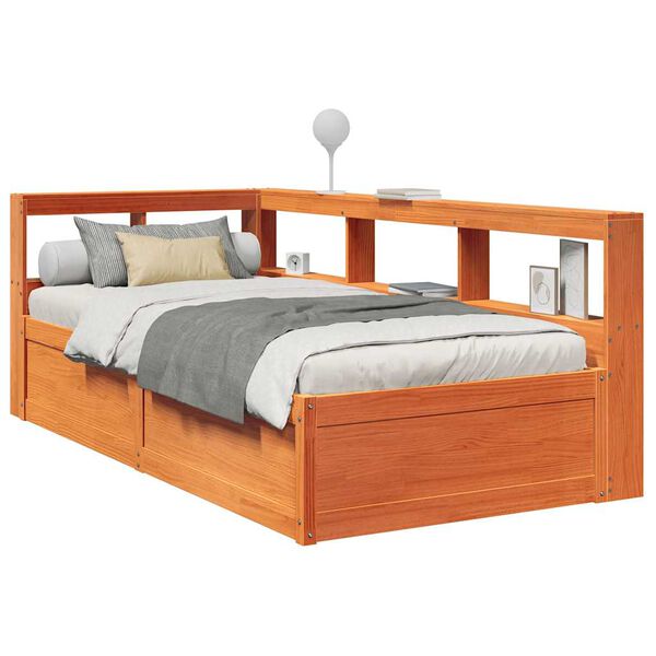 vidaXL Cama con estanter&iacute;a sin colch&oacute;n madera maciza marr&oacute;n 90x190 cm