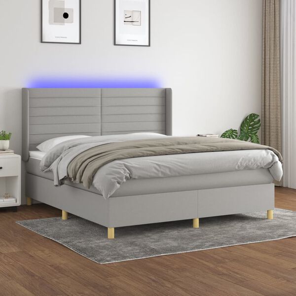 vidaXL Cama box spring colch&oacute;n y luces LED tela gris claro 180x200 cm