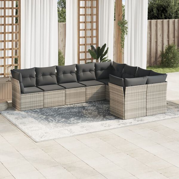 vidaXL Set muebles jard&iacute;n 9 pzas y cojines rat&aacute;n sint&eacute;tico gris claro