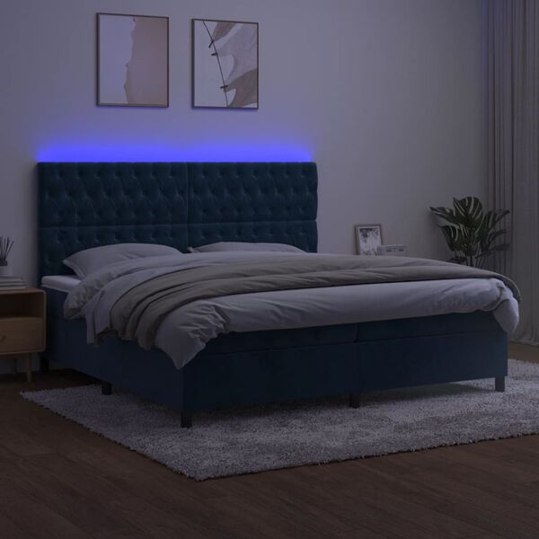 vidaXL Cama box spring colch&oacute;n y LED terciopelo azul oscuro 200x200 cm