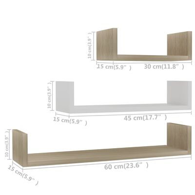 vidaXL Estantes de pared 3 piezas contrachapada blanco y roble sonoma