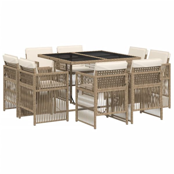 vidaXL Set comedor de jard&iacute;n 9 pzas con cojines rat&aacute;n sint&eacute;tico beige