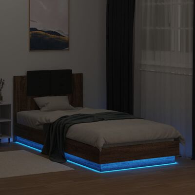 vidaXL Estructura de cama cabecero luces LED roble marrón 90x200 cm