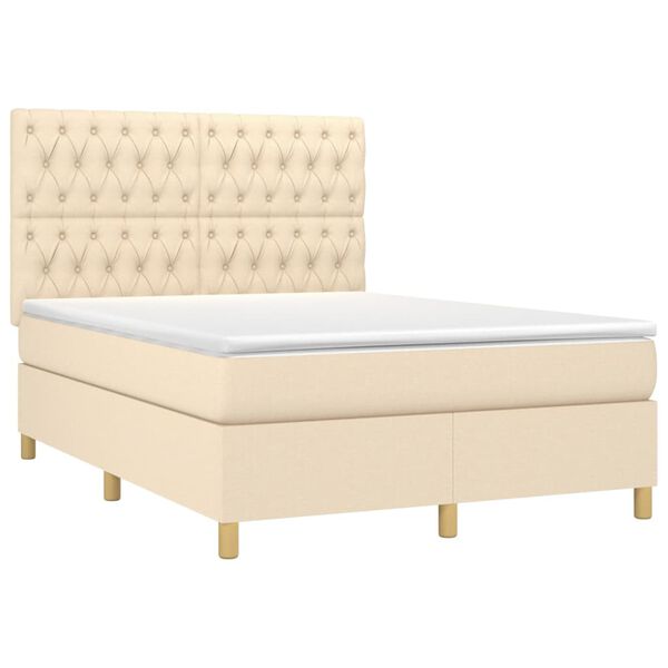 vidaXL Cama box spring colch&oacute;n y luces LED tela crema 140x190 cm
