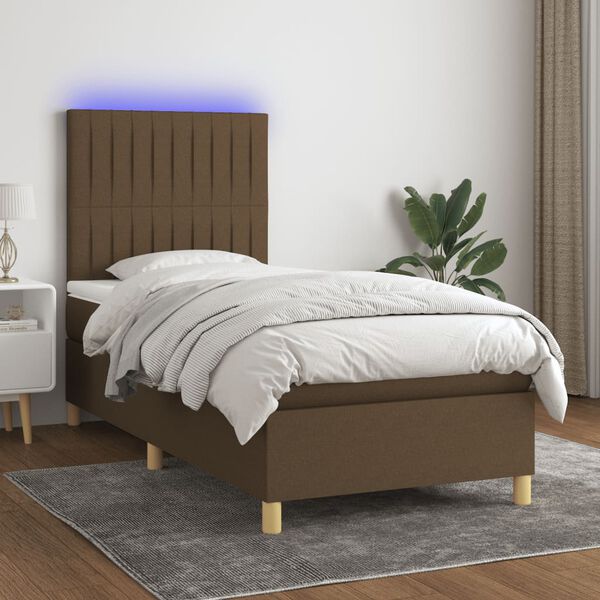 vidaXL Cama box spring colch&oacute;n luces LED tela marr&oacute;n oscuro 100x200cm