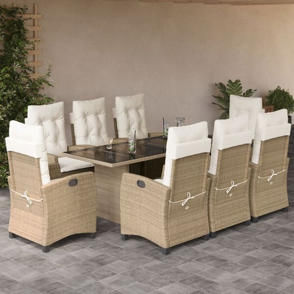 vidaXL Set comedor de jard&iacute;n 9 pzas con cojines rat&aacute;n sint&eacute;tico beige