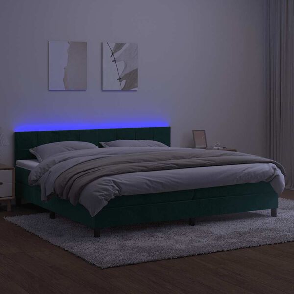 vidaXL Cama box spring colch&oacute;n y LED terciopelo verde oscuro 200x200cm