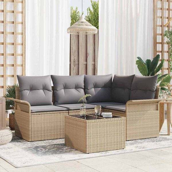 vidaXL Conjunto de sof&aacute; de jard&iacute;n 5 pcs Beige rat&aacute;n sint&eacute;tico
