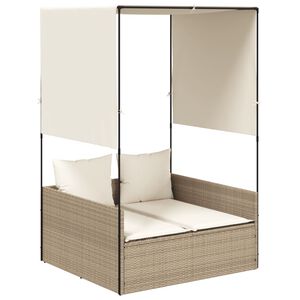 vidaXL Tumbona doble con techo y cortinas rat&aacute;n sint&eacute;tico beige
