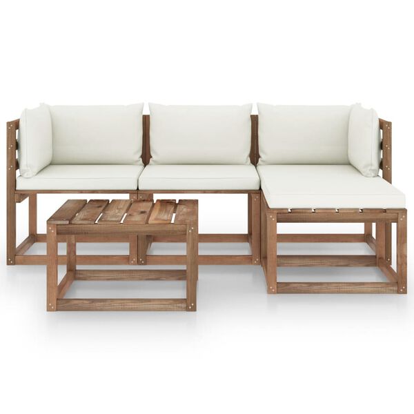vidaXL Set de muebles de jard&iacute;n 5 piezas bamb&uacute; y cojines blanco crema