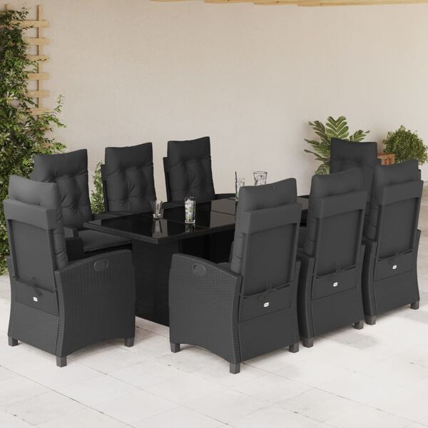 vidaXL Set de comedor de jard&iacute;n 9 pzas y cojines rat&aacute;n sint&eacute;tico negro