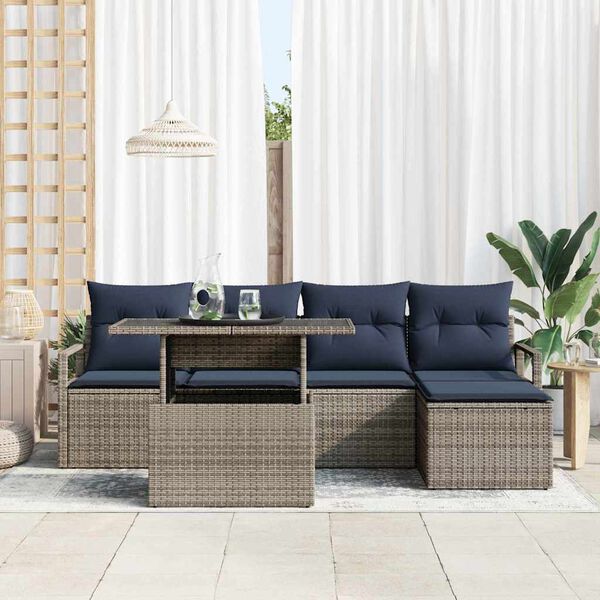 vidaXL Conjunto de sof&aacute; de jard&iacute;n con coj&iacute;n 6 pcs gris y azul marino