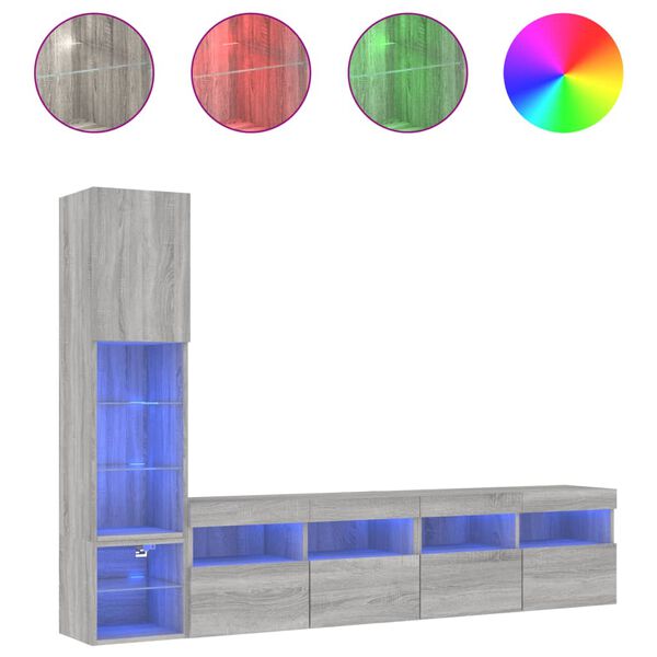 vidaXL Muebles TV pared con LED 4 pzas madera ingenier&iacute;a gris Sonoma
