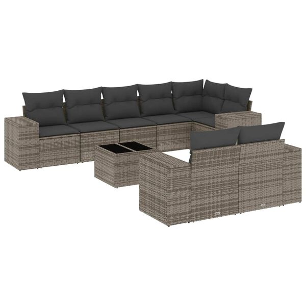 vidaXL Set de muebles de jard&iacute;n 9 pzas y cojines rat&aacute;n sint&eacute;tico gris
