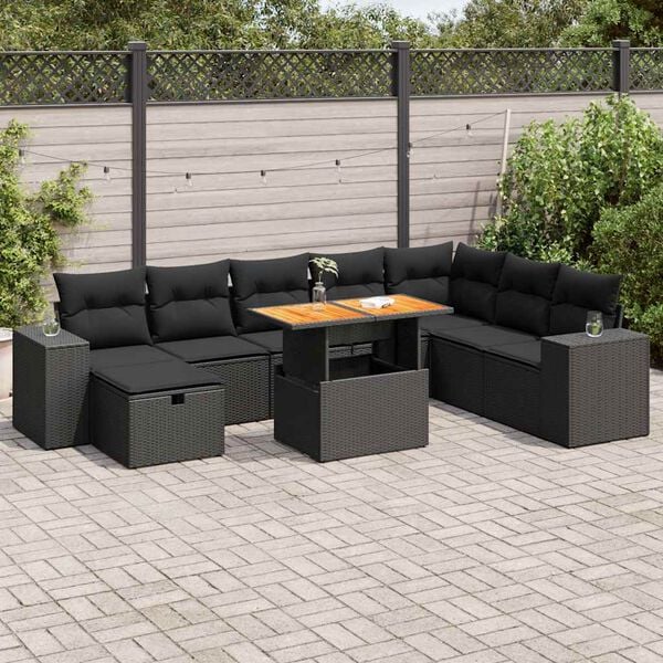 vidaXL Set sof&aacute;s jard&iacute;n y cojines 9 pzas rat&aacute;n sint&eacute;tico acacia negro