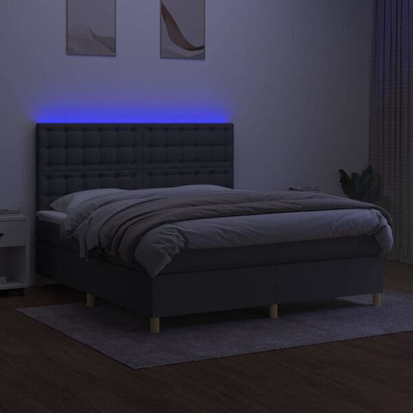 vidaXL Cama box spring colch&oacute;n y luces LED tela gris oscuro 160x200 cm