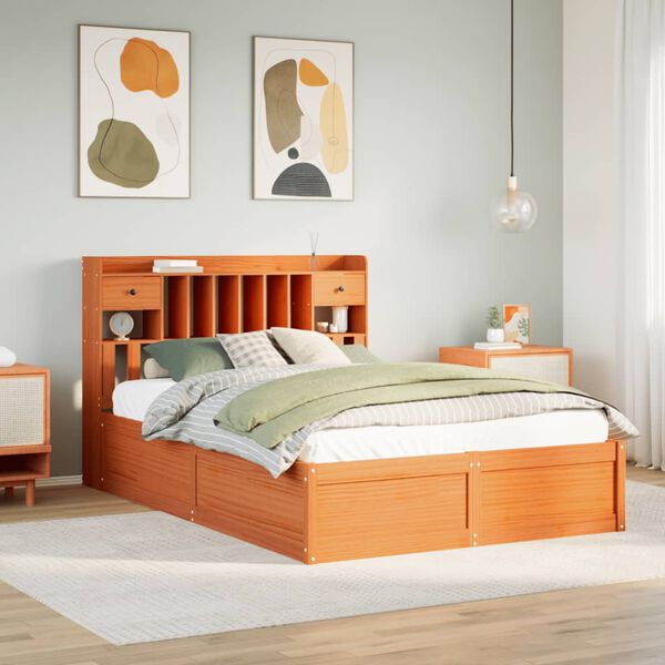 vidaXL Cama sin colch&oacute;n madera maciza de pino marr&oacute;n cera 140x200 cm