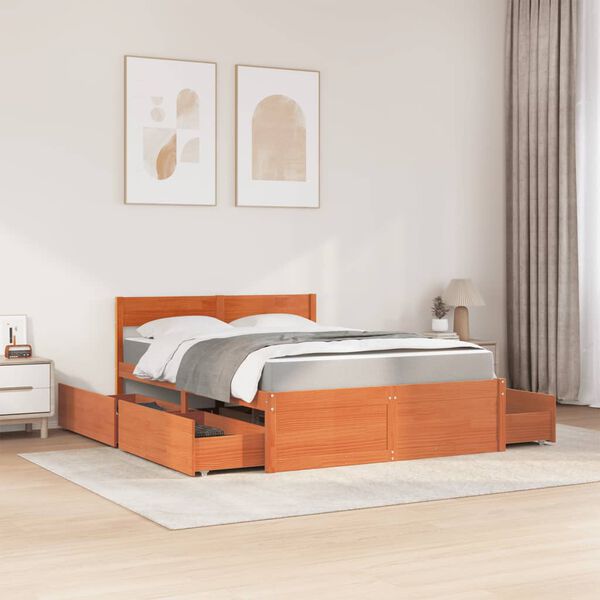 vidaXL Cama con cajones y colch&oacute;n madera pino marr&oacute;n cera 120x190 cm