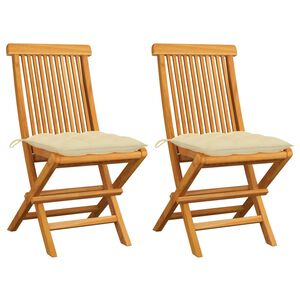 vidaXL Sillas plegables con cojines color crema, 2 unidades, madera maciza de teca.