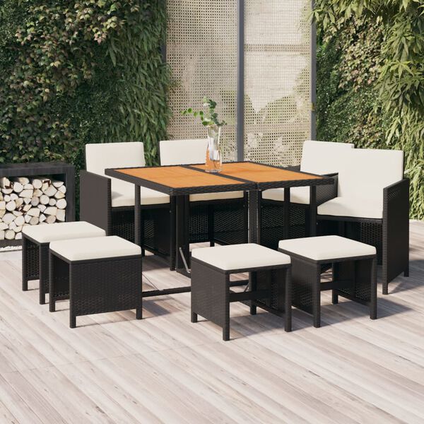 vidaXL Set de comedor de jard&iacute;n 9 pzas y cojines rat&aacute;n sint&eacute;tico negro