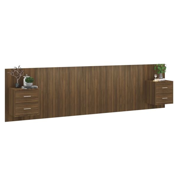 vidaXL Cabecero de cama con mesitas madera contrachapada marr&oacute;n roble