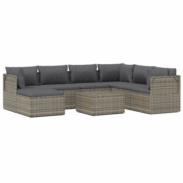 vidaXL Set de muebles de jard&iacute;n 8 pzas y cojines rat&aacute;n sint&eacute;tico gris