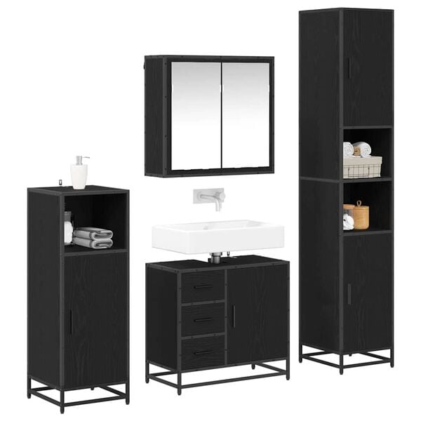 vidaXL Juego de muebles de ba&ntilde;o 4 pcs Roble Negro Madera de ingenier&iacute;a