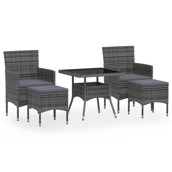 vidaXL Set comedor jard&iacute;n 5 pzas rat&aacute;n sint&eacute;tico vidrio templado gris