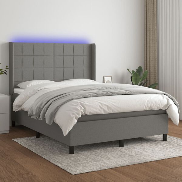 vidaXL Cama box spring colch&oacute;n y luces LED tela gris oscuro 140x190 cm