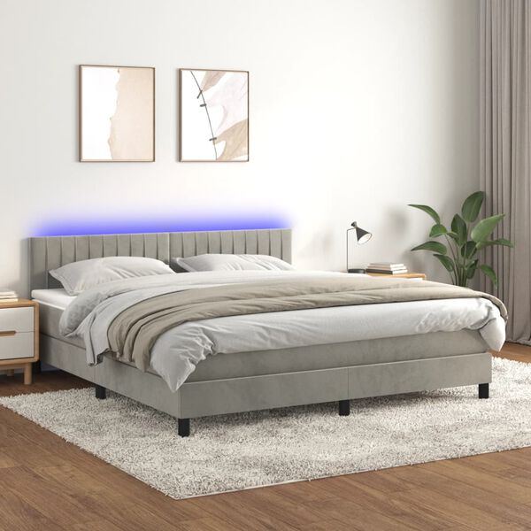 vidaXL Cama box spring colch&oacute;n y LED terciopelo gris claro 180x200 cm