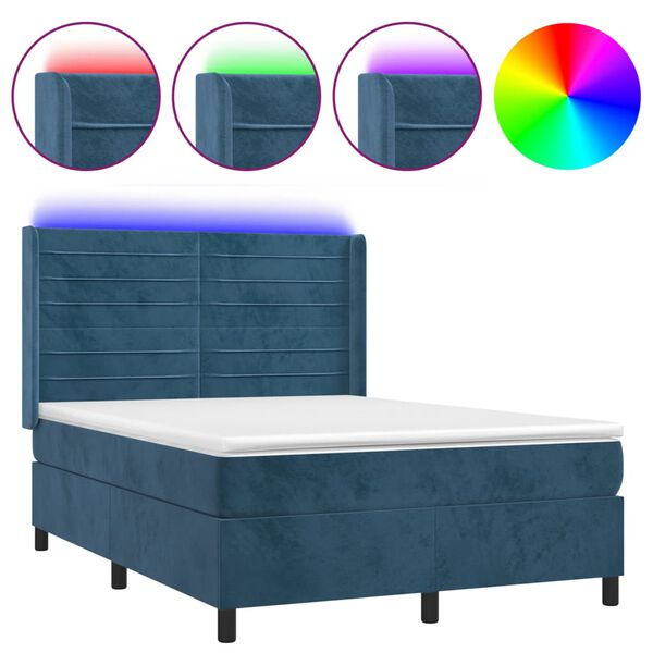 vidaXL Cama box spring colch&oacute;n y LED terciopelo azul oscuro 140x190 cm