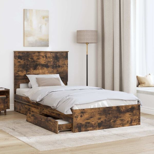 vidaXL Cama con almacenamiento con cabecera Roble ahumado 100 x 200 cm