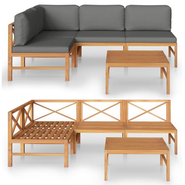 vidaXL Set de muebles de jard&iacute;n 5 pzas madera de teca y cojines gris