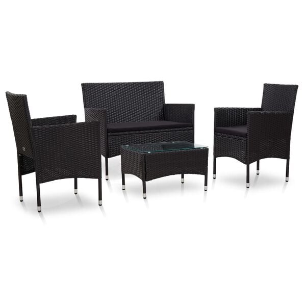 vidaXL Set de muebles de jard&iacute;n 4 pzas y cojines rat&aacute;n sint&eacute;tico negro