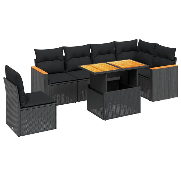 vidaXL Set de comedor de jard&iacute;n 7 pzas y cojines rat&aacute;n sint&eacute;tico negro