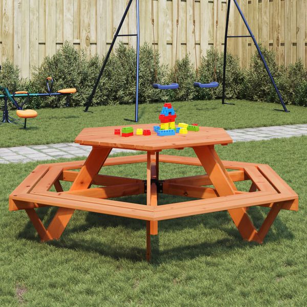 vidaXL Mesa de picnic hexagonal 6 ni&ntilde;os agujero sombrilla madera abeto